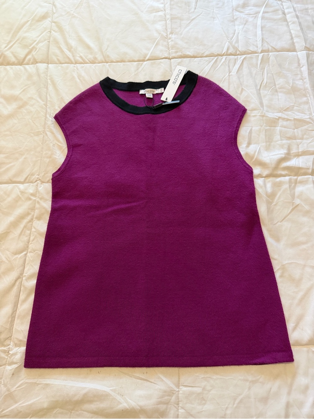Chico's Plum Sleeveless Knit Tank with Black Neck Trim